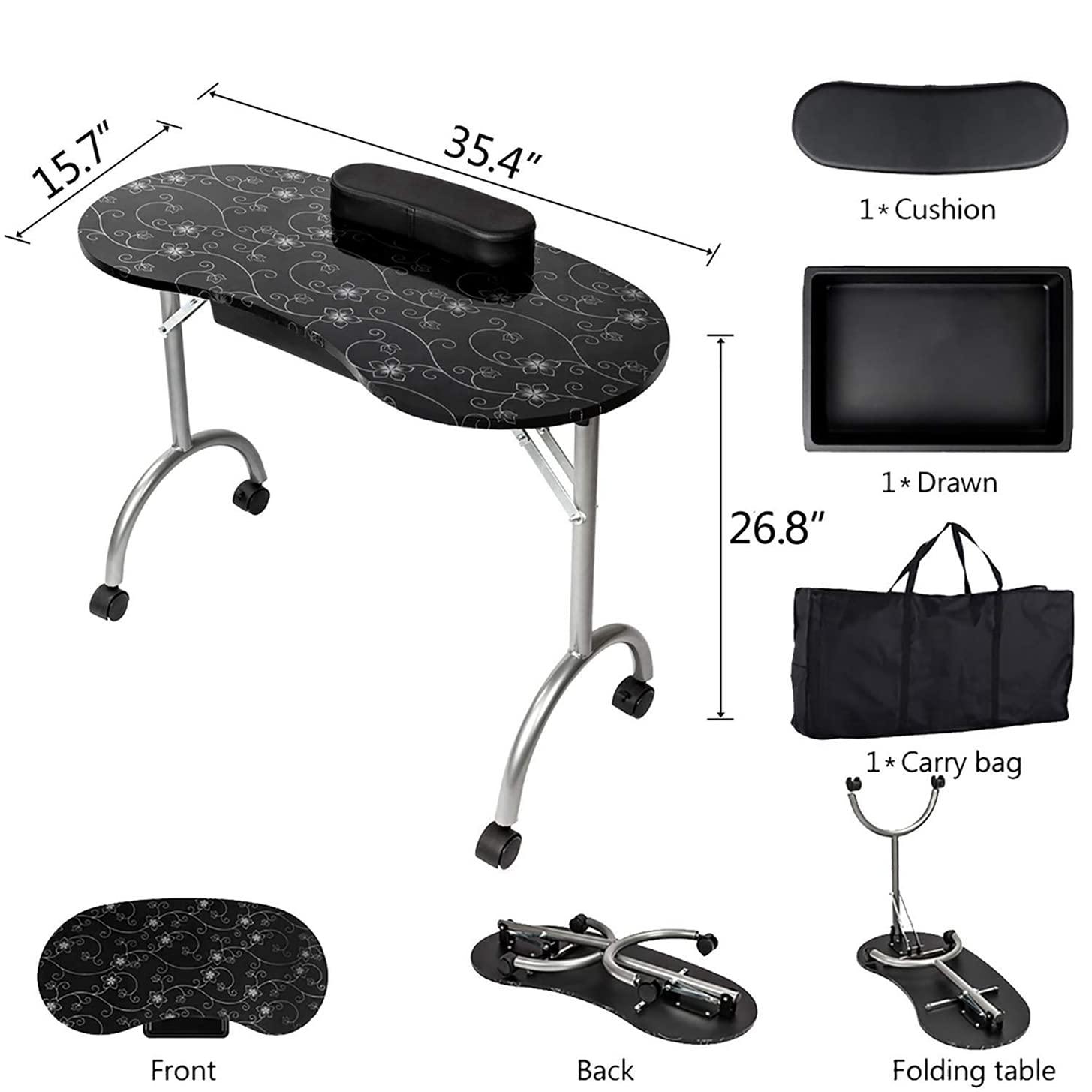beautylife Manicure Table Portable Nail Desk Foldable Nail Tech Table with Large Drawer, Lockable Wheels