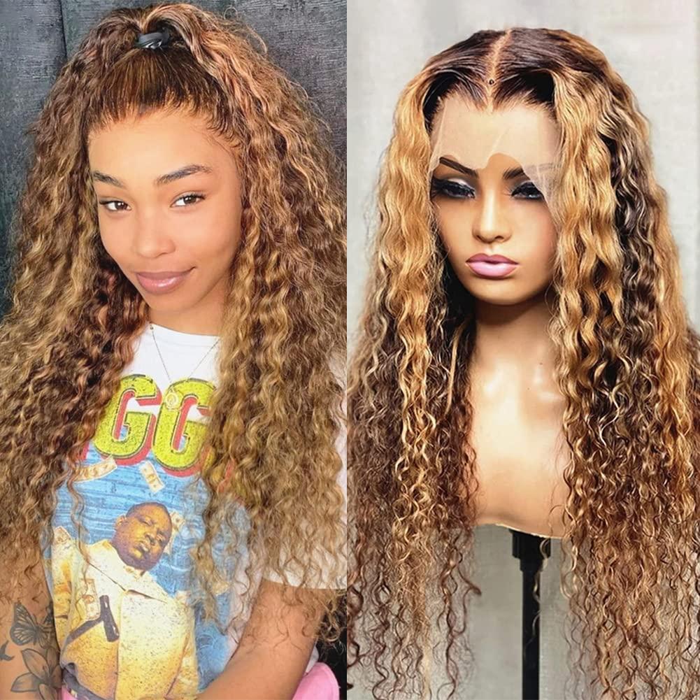 Alibeauty Alibeauty Highlight Ombre Lace Front Wigs Human Hair Pre Plucked with Baby Hair Honey Blonde 13x4 HD Transparent Glueless Lace Frontal Water Wave Wigs for Black Women Natural Hairline 26 inch