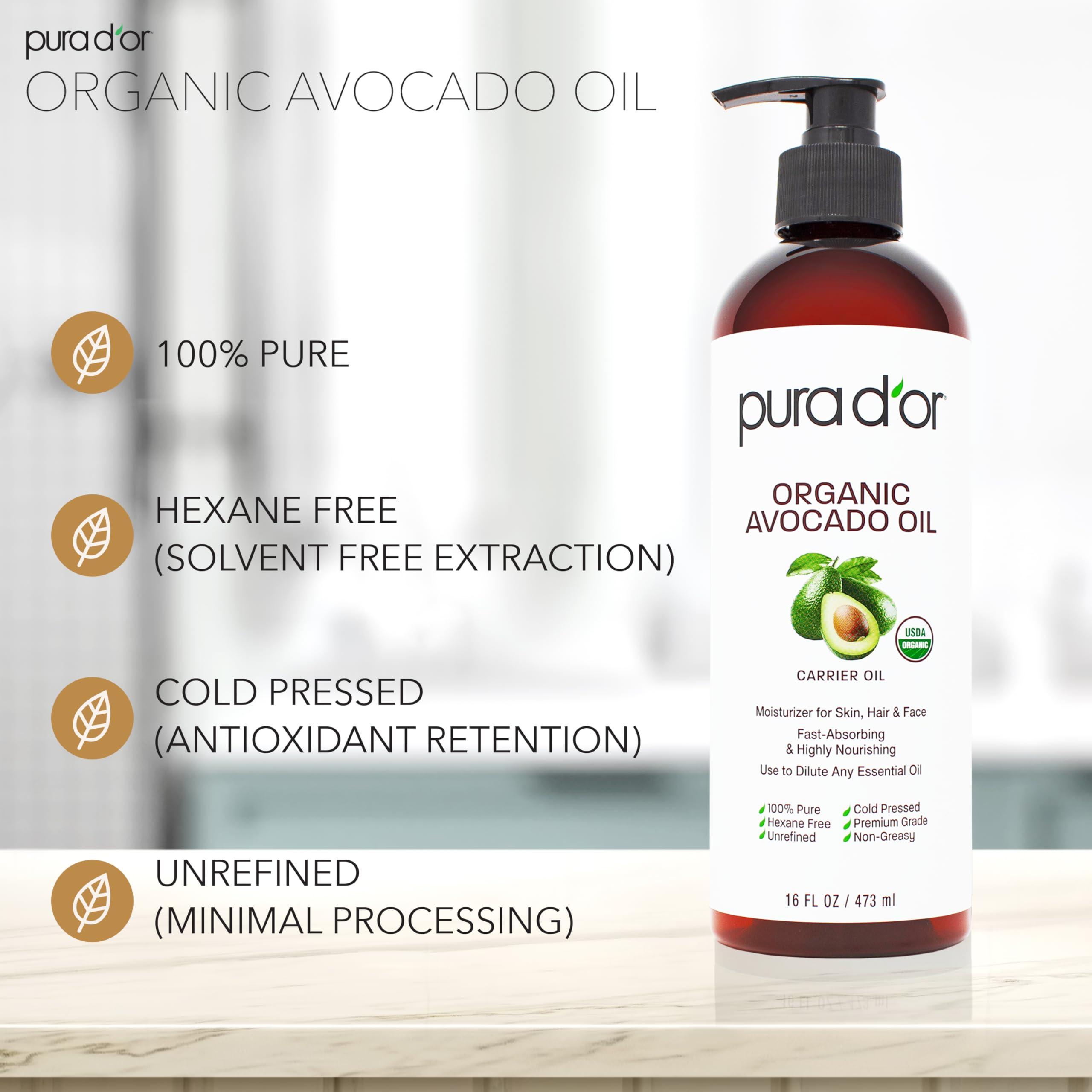 PURA D\'OR PURA D\'OR 16 Oz ORGANIC Avocado Oil - 100% Pure & Natural USDA Certified Cold Pressed Carrier Oil For DIY Beauty, Non-Greasy, Unscented, Hexane Free Liquid Moisturizer - Face Skin & Hair - Men & Women