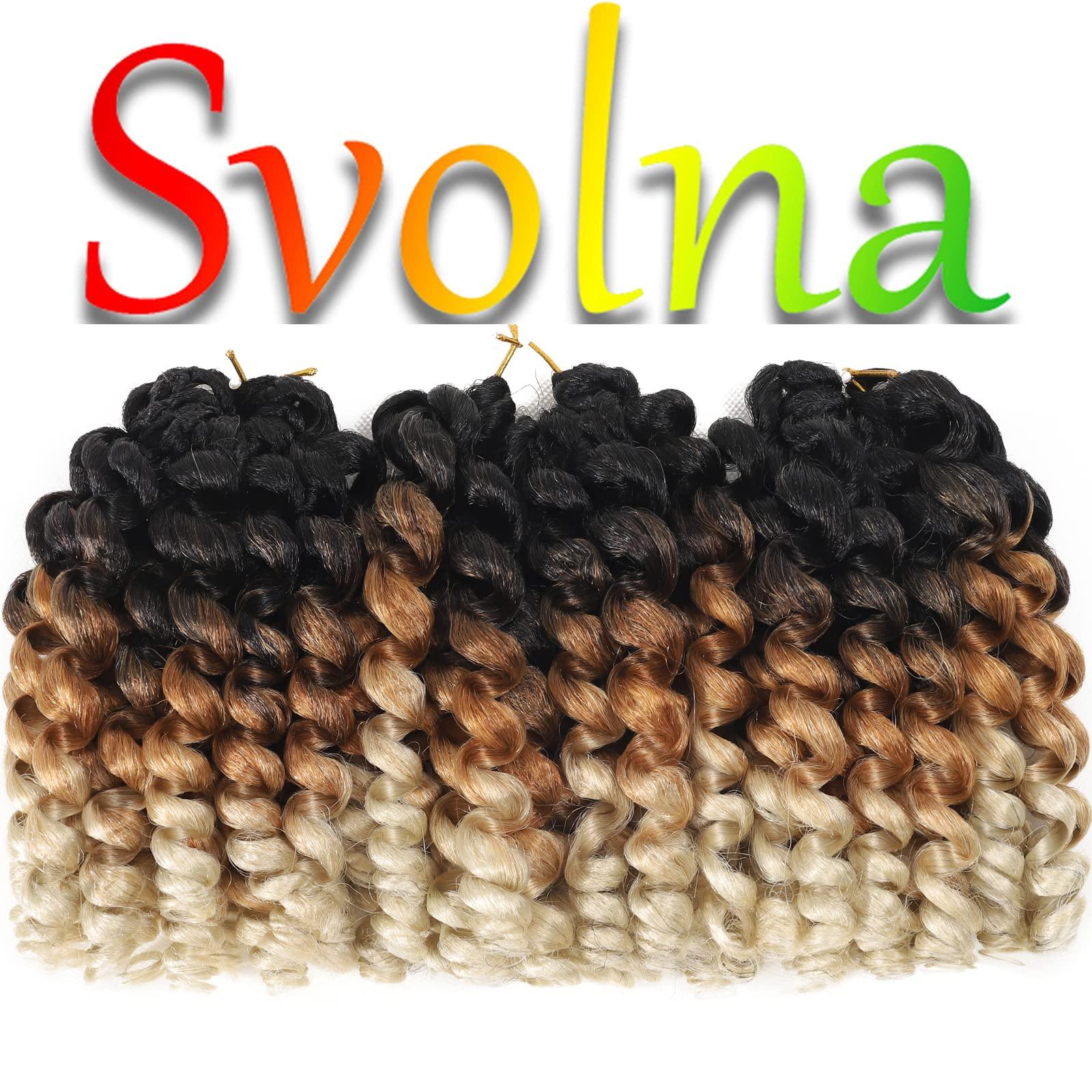 Svolna Jamaican Bounce Crochet Hair Extensions 8 inch Ringlet Wand Curl Crochet Hair 3 Tone Blonde Ombre Curly Crochet Braids Grey Crochet Braiding Hair 60 Roots