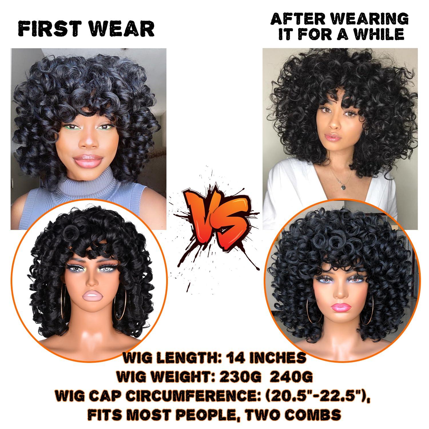 CurlCOO CurlCOO Black Curly Wigs for Black Women Short Curly Wig with Bangs Soft Big Loose Cute Afro Kinky Curly Hair 14 Inch Synthetic Wig for Black Women(Black)
