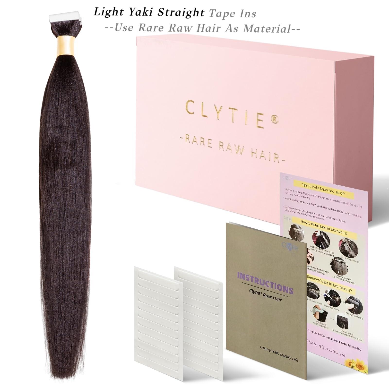 Clytie Clytie Sticky Tape in Hair Extensions Human Hair Black Girl, Raw Light Yaki Human Tape in Hair Extensions 20 PCS 20IN, Salon Dyeable Tap in 50g Kinky Straight Seamless Invisible Taping for Thin Hair