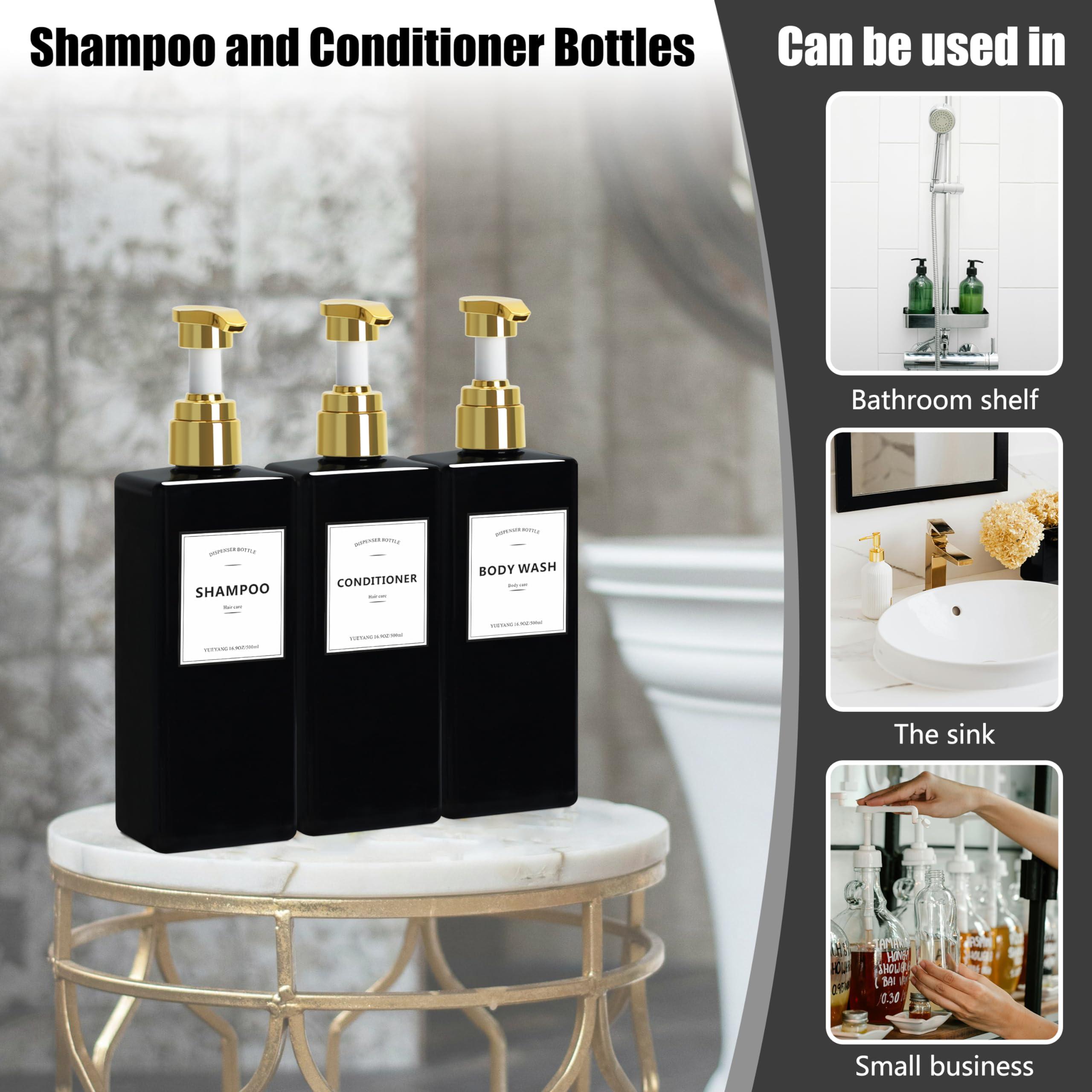 YUEYANG YUEYANG Black Shower Bottles Refillable with Labels, 16.9OZ Pack of 3 Empty Black Shower Dispenser with Gold Pump, Boutique Plastic Bottles for Body Wash, Body Oil