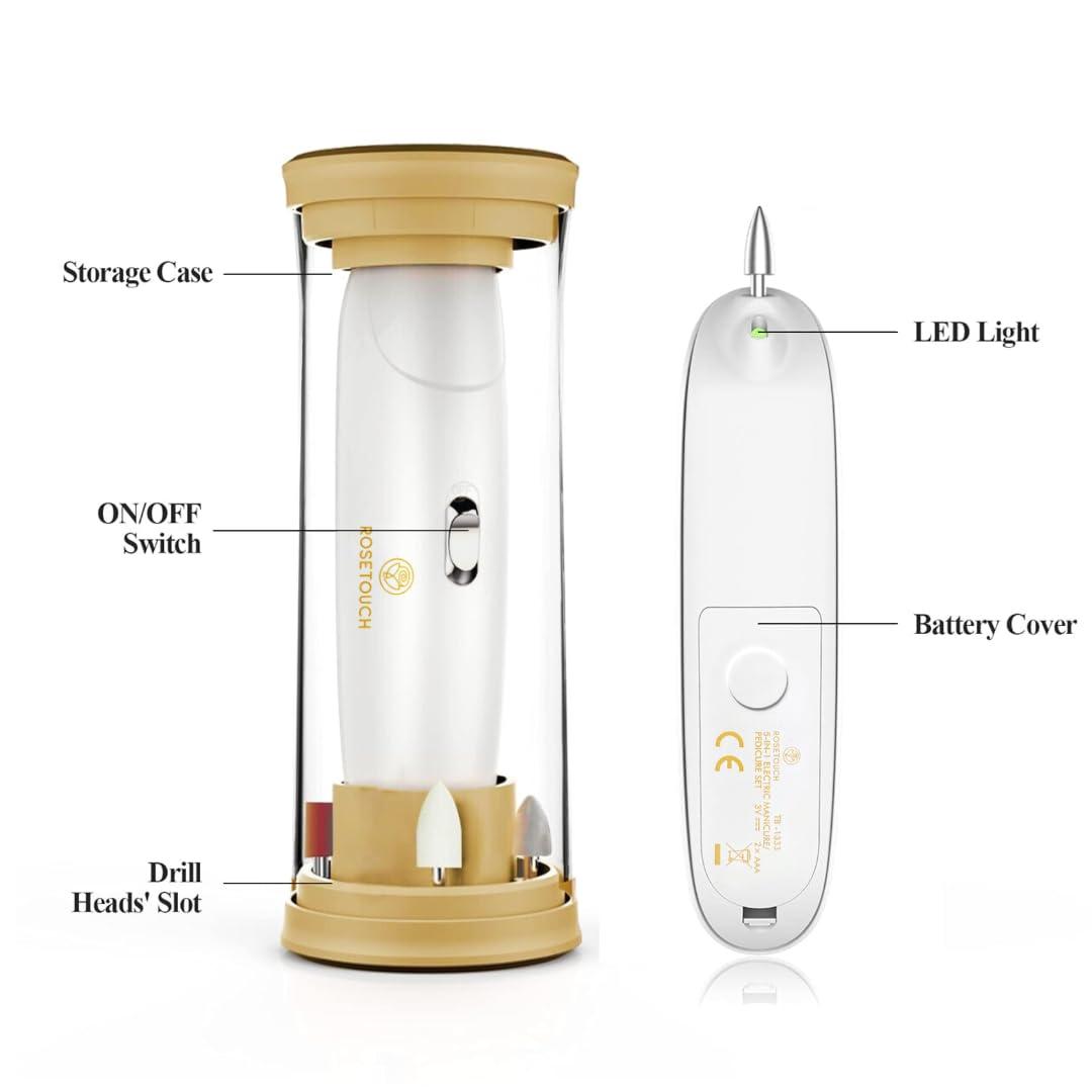 Rosetouch Professional Acrylic Manicure Pedicure Kit, Electric Nail File Set, Cordless Electric Nail Drill Machine, Hand Foot Care Tool for Nail Grind Trim Polish(Gold)