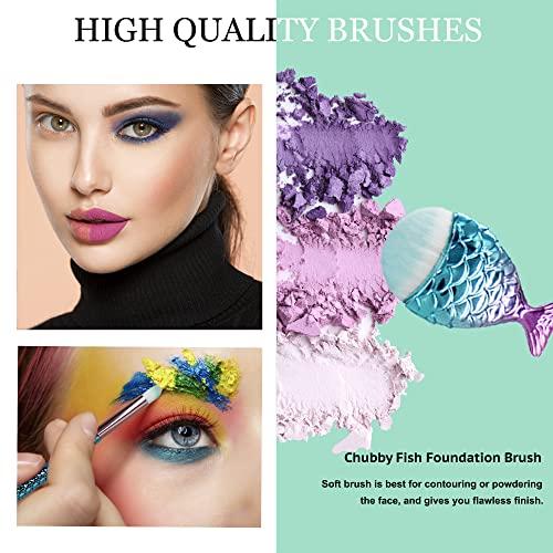 NIZIYI Mermaid Makeup Brushes Sets, Mermaid Makeup Cosmetic Brush Set Soft Nylon Bristles Beauty Brushes Kit Foundation Powder Cream Eyebrow Eyeliner Blush Cosmetic Concealer Brush with Bag