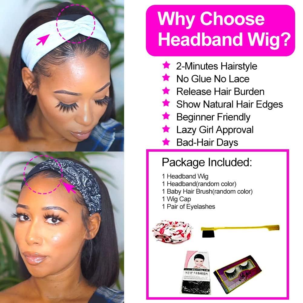 losta losta Bob Headband Wig Human Hair Glueless Bob Wigs Human Hair Wear and Go Guleless Wigs for Black Women Straight Bob Human Hair 180% Density 10A Brazilian Human Hair Headband Wig(14in)