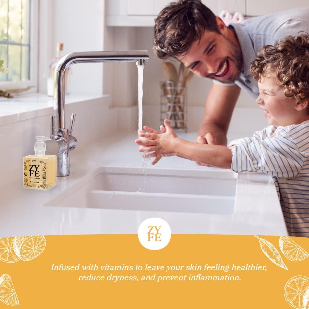 ZYFE ZYFE Eco Friendly Hand Soap Refills Family Pack - Pland Dervied Liquid Handsoap With 5x Vitamins - 2 12oz Pump Dispenser Bottles and 1 64oz Refill - Citrus