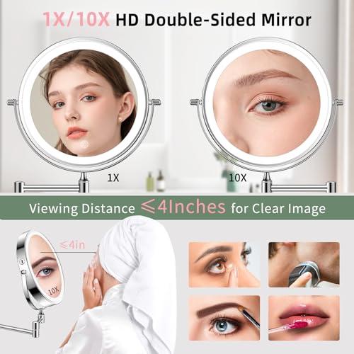 FUNTOUCH FUNTOUCH Wall Mounted Lighted Makeup Mirror, Rechargeable 8\" Double-Sided LED Make up Mirror 1X/10X Magnification, 3 Color Lights Dimmable 360 Rotation Wall Mount Mirror with Extension Arm and Hooks