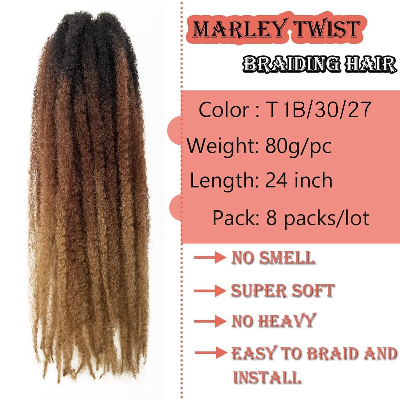 BYKSVIOC Marley Hair 24 Inch Marley Twist Hair Afro Twist Marley Braiding Hair for Faux Locs Crochet Hair Synthetic Hair Extensions(8Packs,1B/30/27, 24inch)