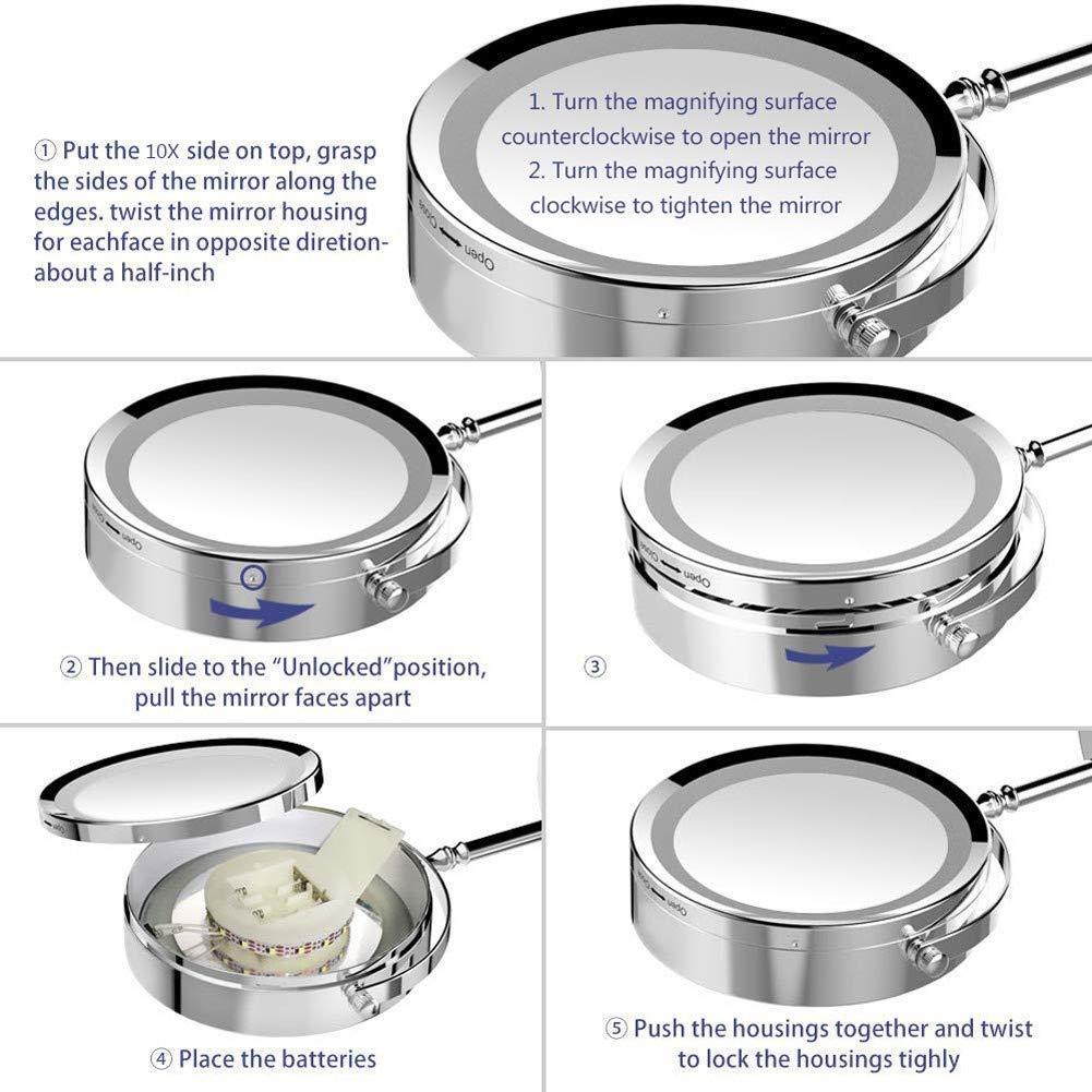 DJFHDIHRFHBVCASIJ Wall Mounted Mirror 1X/10X Magnification Double Side,Folding Vanity Lamp Retractable 360 Rotating Function Shaving Mirror