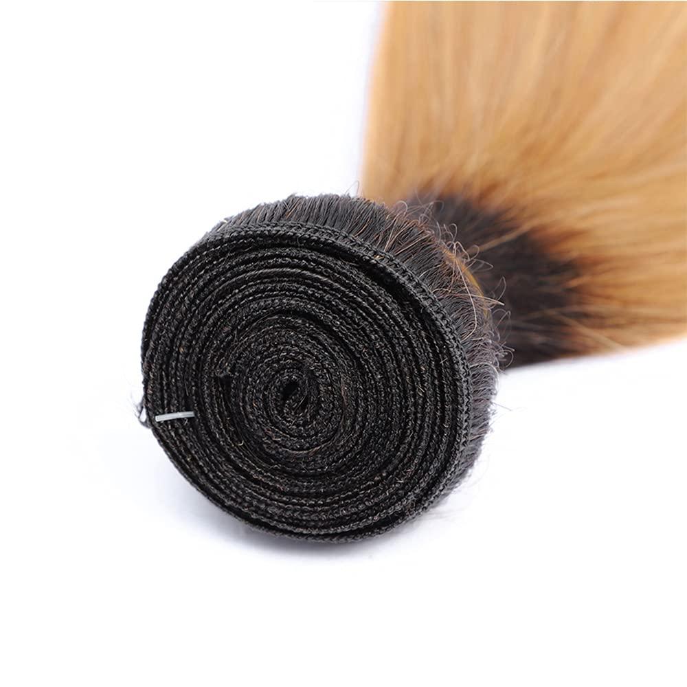 AuokMar 1B/27 Human Hair Bundles Blonde Straight Hunman Hair Bundles 1B27 Color Brazilian Honey Blonde Human hair bundles Ombre Two Tone 3 Bundles Unprocessed Virgin Hair Extensions 16 18 20 Inch