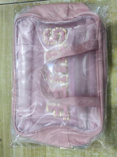 Glitzcharm Glitzcharm Clear Makeup Bag Transparent Cosmetic Bag Organizer for Women Waterproof Travel Toiletry Bag Portable Make up Bag with Chenille Letter, Large, Pink