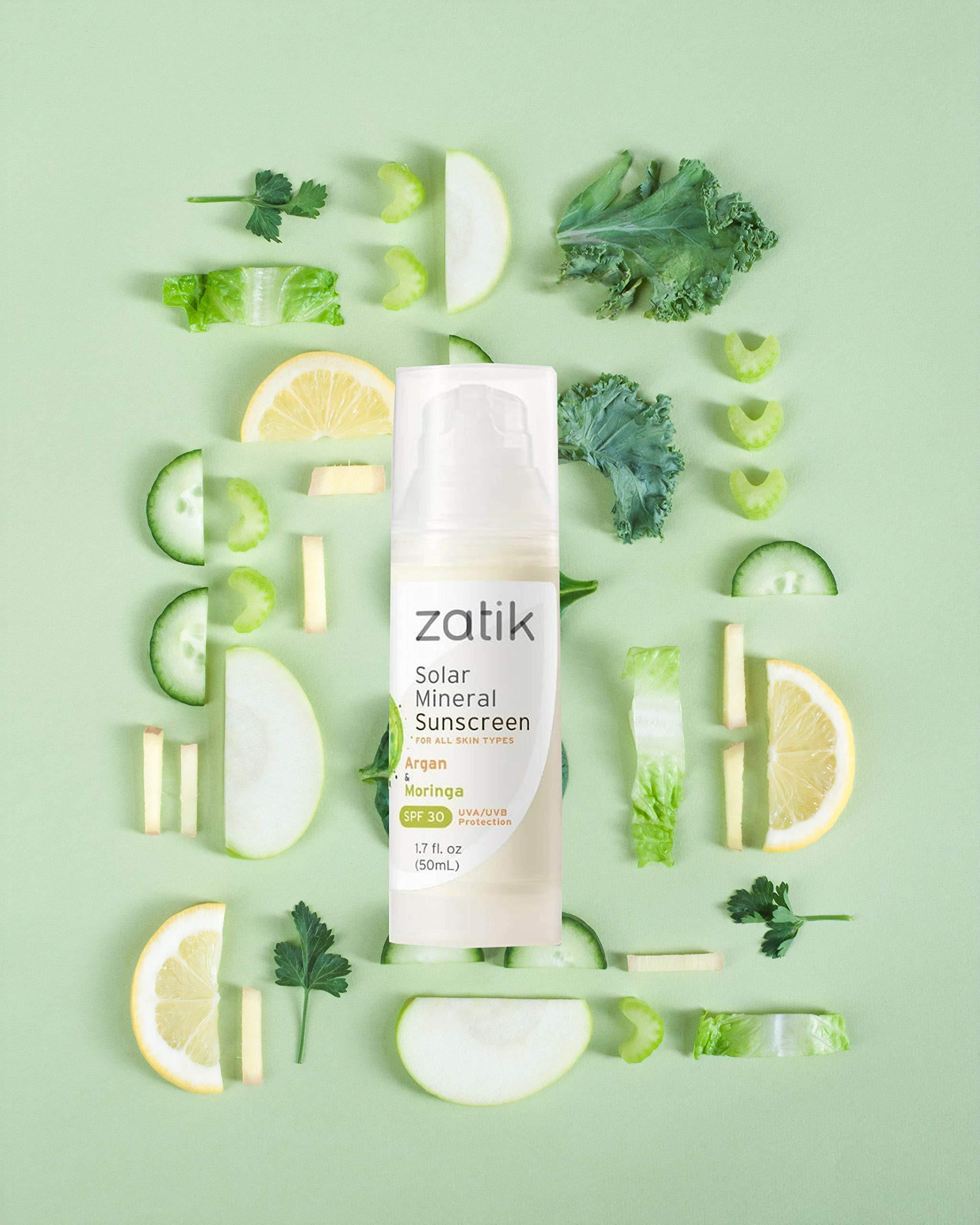 Zatik Zatik Naturals - Solar Mineral Sunscreen with Argan and Moringa, Vitamin and Mineral-Based Solar Protection, Vegan, Non-GMO, pH Balanced, FREE from Gluten, Soy, Alcohol. 1.7 fl oz, 50 ml