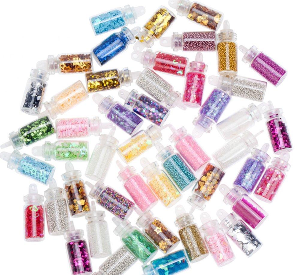 VAGA VAGA Nail Art Kit - Multi-colored Caviar Beads & Glitter Set for 3D Nail Decorations, Nail Manicure Kit with Foil Nail Art Glitter, 48 Count