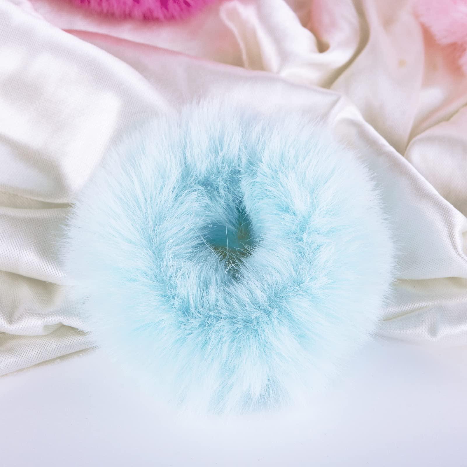 Mljsh 2 PCS Light Blue Pom Pom Hair Tie Fuzzy Scrunchies Furry Hair Bands With Faux Rabbit Fur Fluffy Elastic Hair Bobbles Ponytail Holders Girls Women Hair Accessories