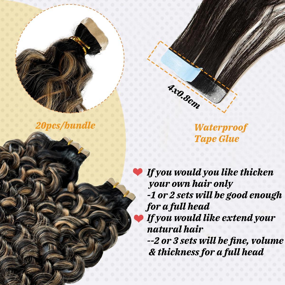 Smavida Water Wave Tape in Hair Extensions Human Hair Ombre Black Roots to Honey Blonde Tape ins Human Hair Extensions Invisible Glue in Hair Extensions Balayage Black Tape Hair Extensions for Black Women 20
