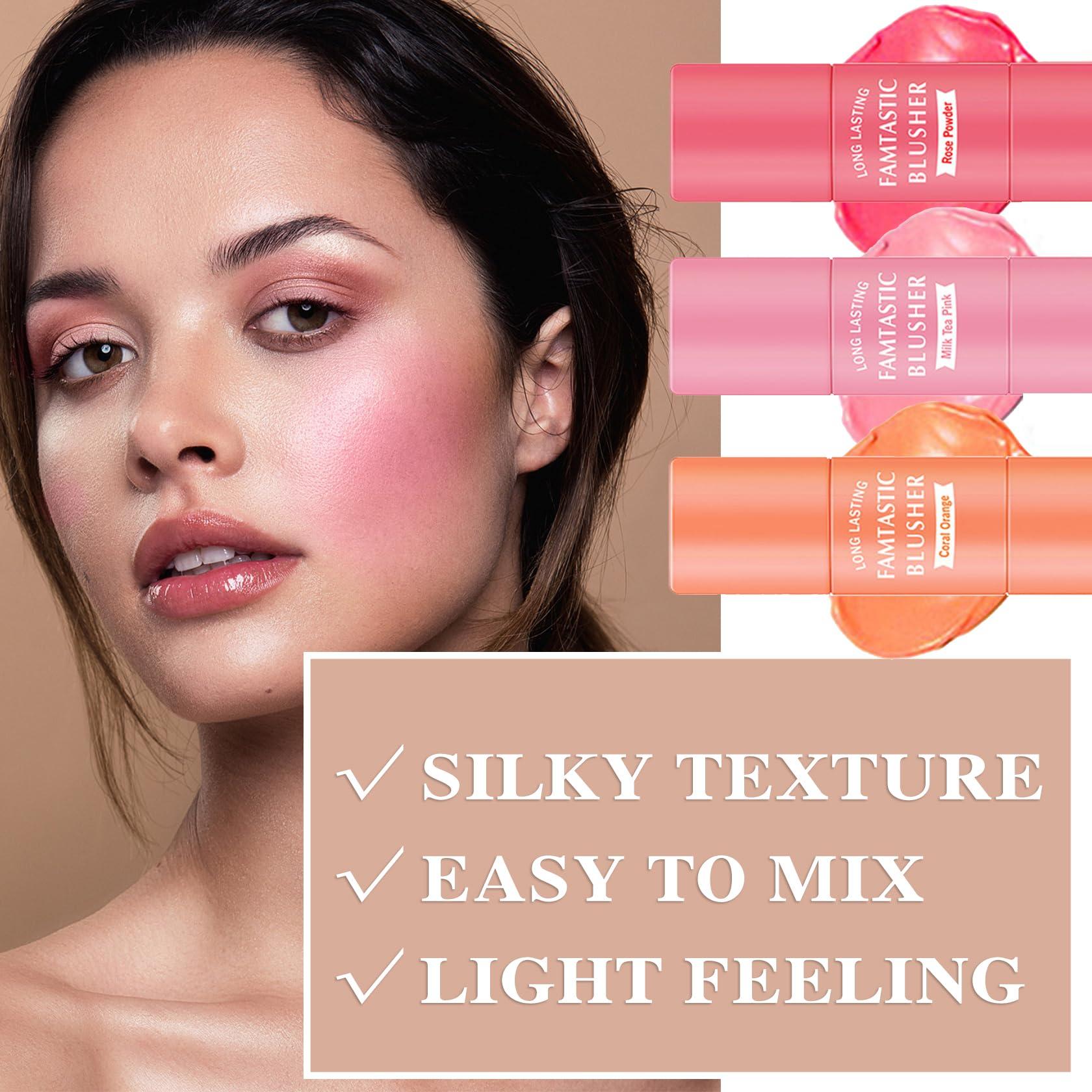 LZYLLS 3 Pcs Cream Blush Stick with Brush,Waterproof Multi Cream Blush Stick Makeup,Lightweight,2 in 1 Multi Stick Blush for Cheeks & Lip Tint & Eyeshadow Makeup,Suitable for All Skin
