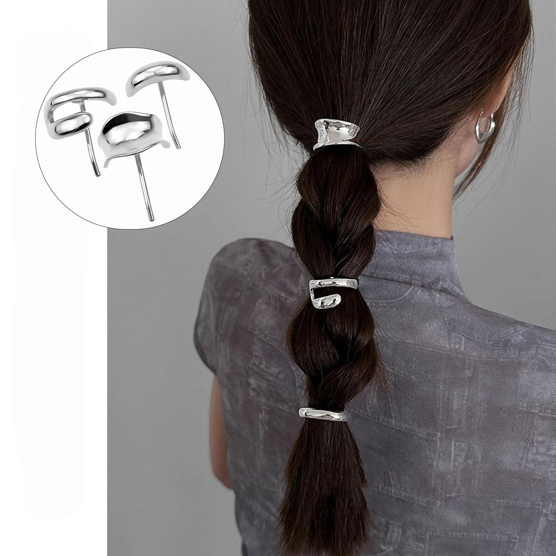 ASSORAIN 3 pcs Silver Hair Cuffs,Silver Ponytail Cuff,Metal High Ponytail Buckle Hair Cuff,Ponytail Holder Hair Clips Silver Hair Accessories for Women (Silver)
