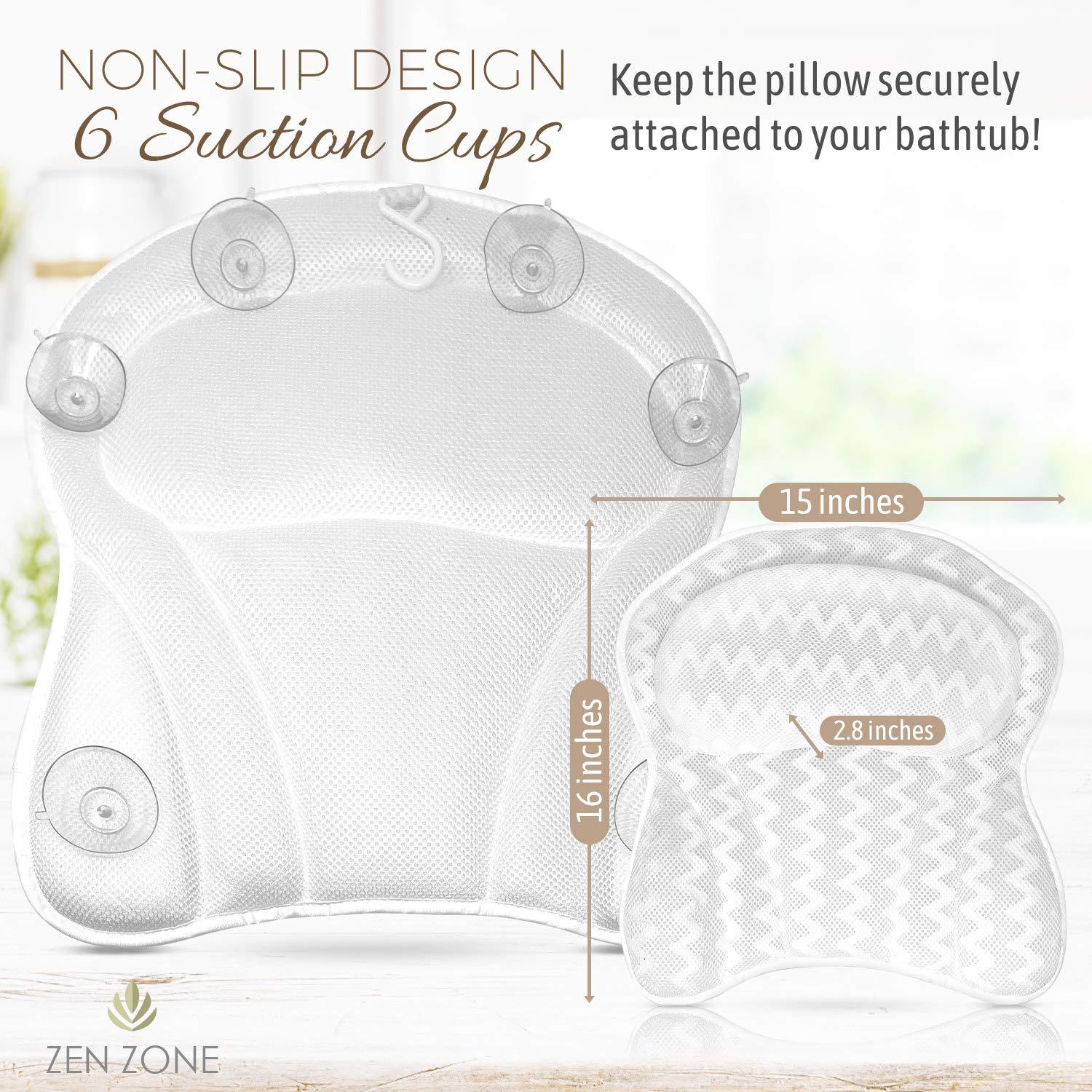 Zen Zone Luxurious Bath Pillow for Tub – Ergonomic Bath Pillow for Neck and Back Support – Bathtub Cushion for a Clean - Breathable Comfort 3D Quilted Mesh – Air Mesh Technology Supports Joints (White)