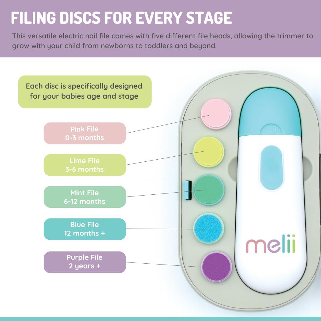melii melii Electric Nail File, Safe Trimmer & Clipper for Newborn Babies, Toddlers, Kids & Adults-Comes with Two Speeds and 5 Different Discs