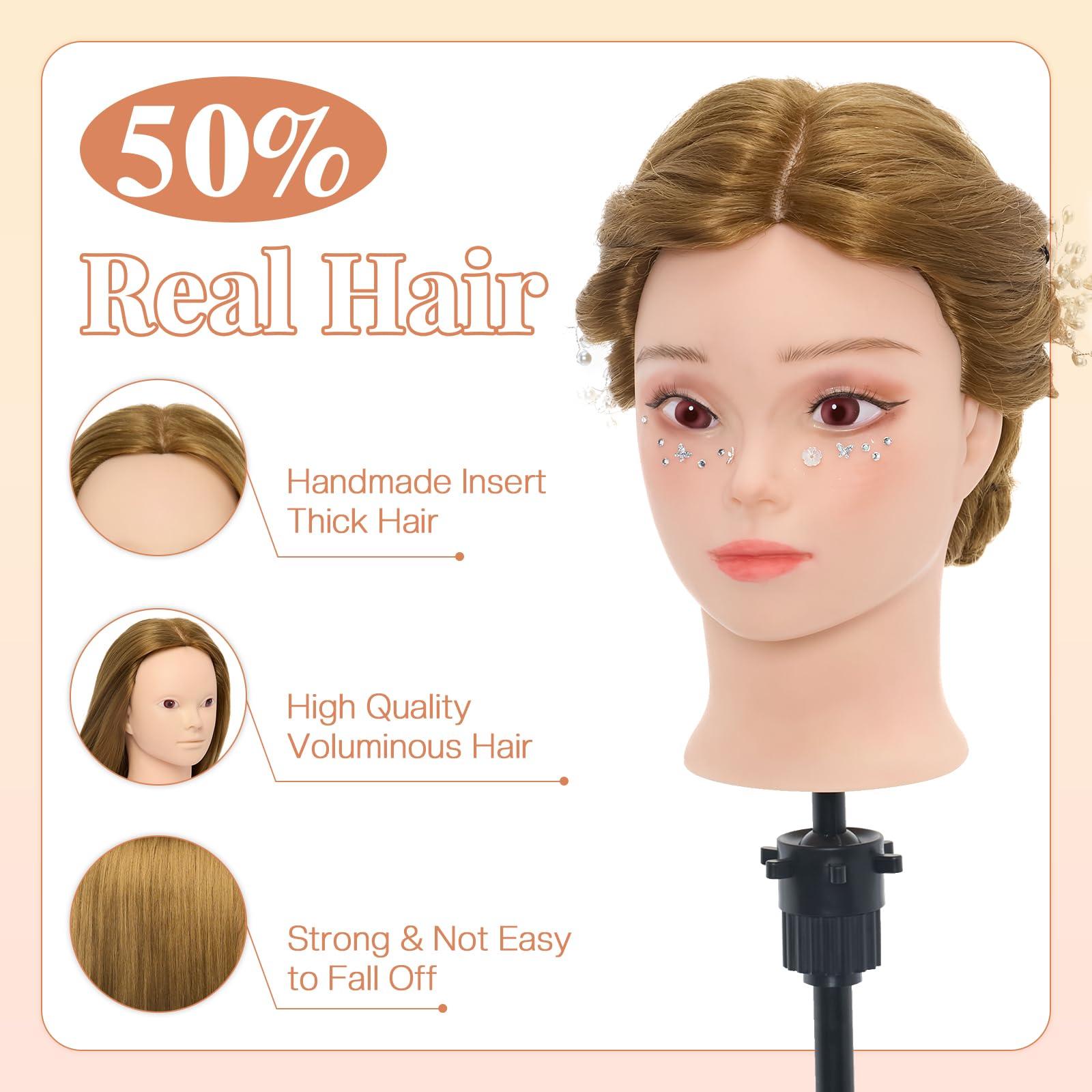 Neverland Beauty & Health Neverland Beauty Mannequin Head with 50% Real Human Hair, 26 Inch Cosmetology Mannequin Head with Hair for Makeup Braiding Curling Cuting, Make up Doll Head for Hair Styling with Table Clamp