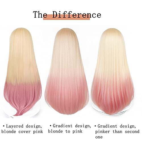 LABEAUTÉ LABEAUTÉ Long Blonde Pink Wig for Girls Women Cosplay Wig Anime Straight Hair with Bangs for Halloween Party with Cap (Ombre Blonde Pink)