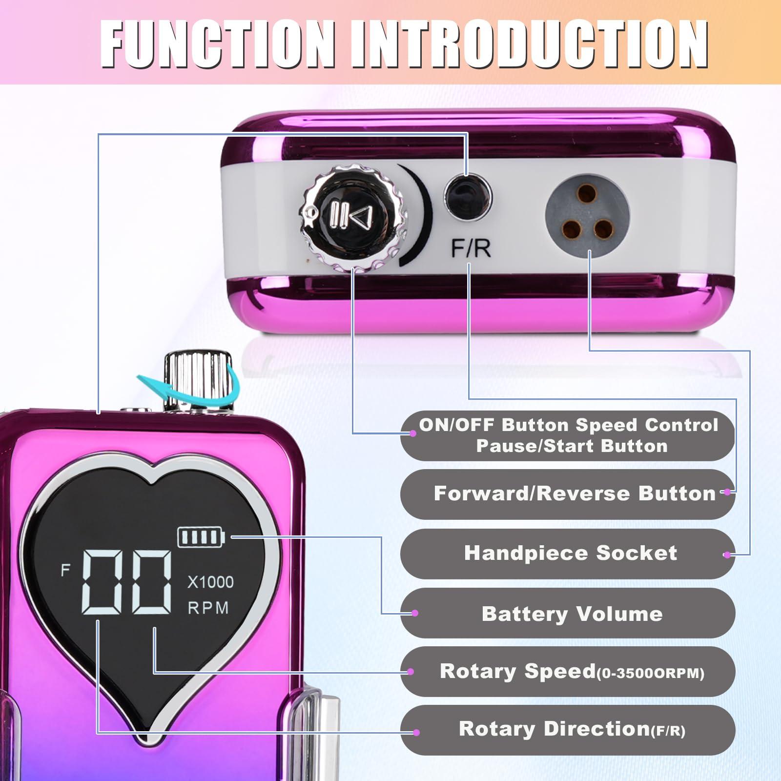 Pourcare Professional Electric Nail Drill Machine for Acrylic Nails, 35000 RPM Electric Nail File Tool Set, Portable E-File Rechargeable Manicure Pedicure Polish Kit for Home Salon Tech (Heart Sunset Gold)