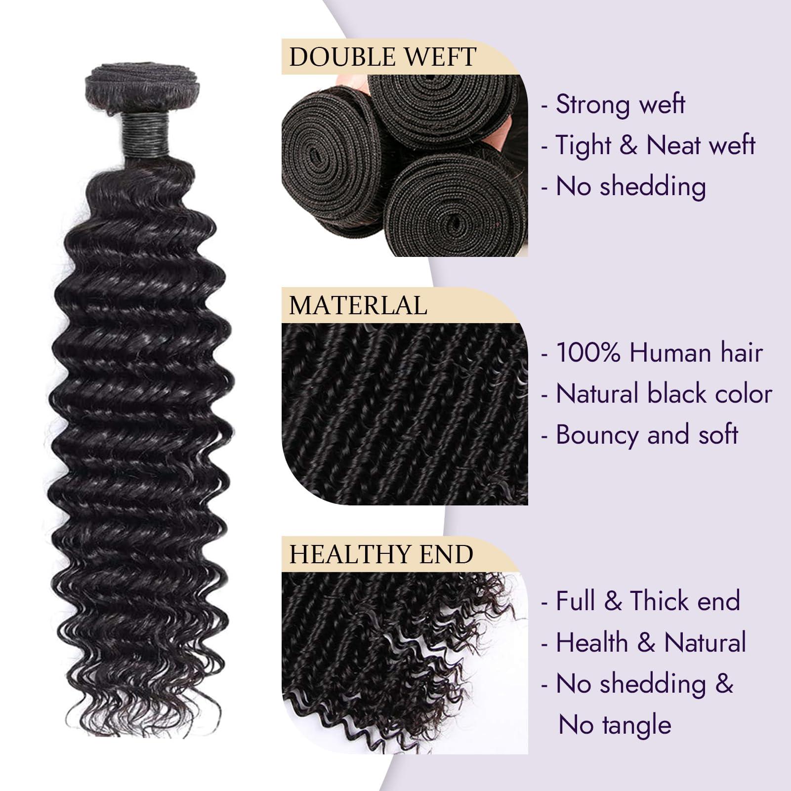 WKONE 28 28 28 Inch Deep Wave Bundles Human Hair 12A Brazilian Deep Wave Human Hair Bundles 100% Unprocessed Virgin Deep Curly Human Hair Weave 3 Bundles Natural Color Water Wave Bundles