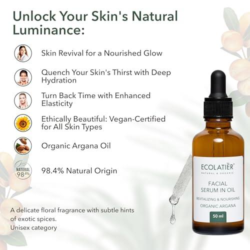 ECOLATIR Face Serum with Organic Argan Oil 98.4% Natural, Hydrating Anti-Aging Facial Serum, Revitalizing & Nourishing, Improves Skin Elasticity, 1.7 Fl Oz - ECOLATIER