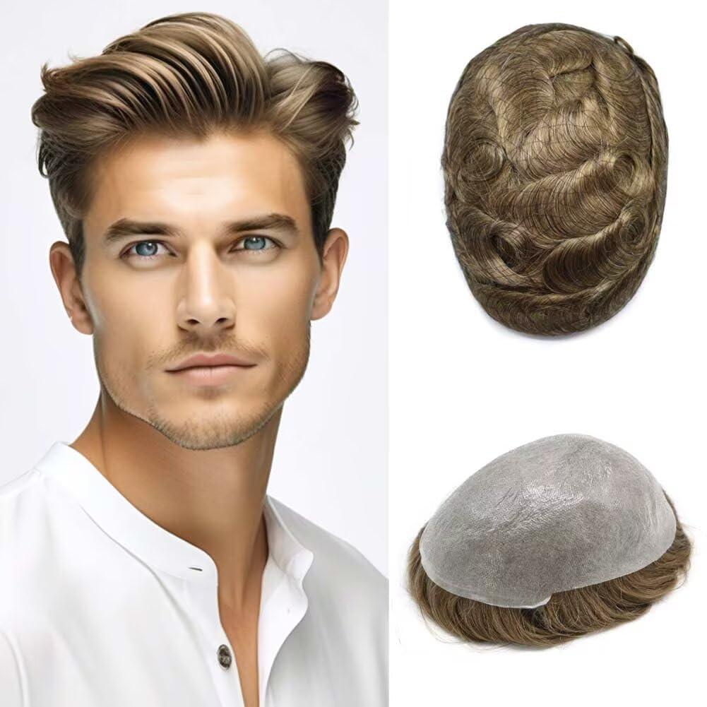 FANCYHAIR PU Mens Toupee European Human Hairpiece 0.04mm Ultra Thin Skin Toupee for Men 8X10 Man Hair System Hair Units Replacement (8\"X10\", 2020 20# LIGHT ASH BLONDE WITH 20% SYNTHETIC GRYE)