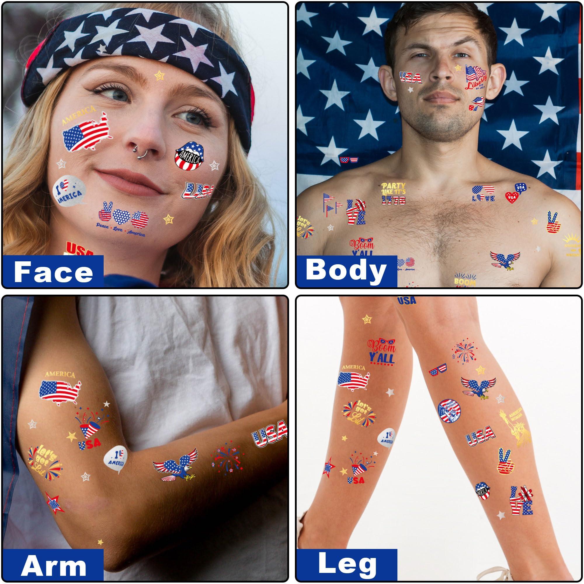 Huskein 188 PCS Veterans Day Temporary Tattoo Set, 4th of July Waterproof Face Body Stickers, Patriotic Parade Accessories, Fourth of July Long Lasting Temporary Tattoo, Party Supplies Thank You Veterans
