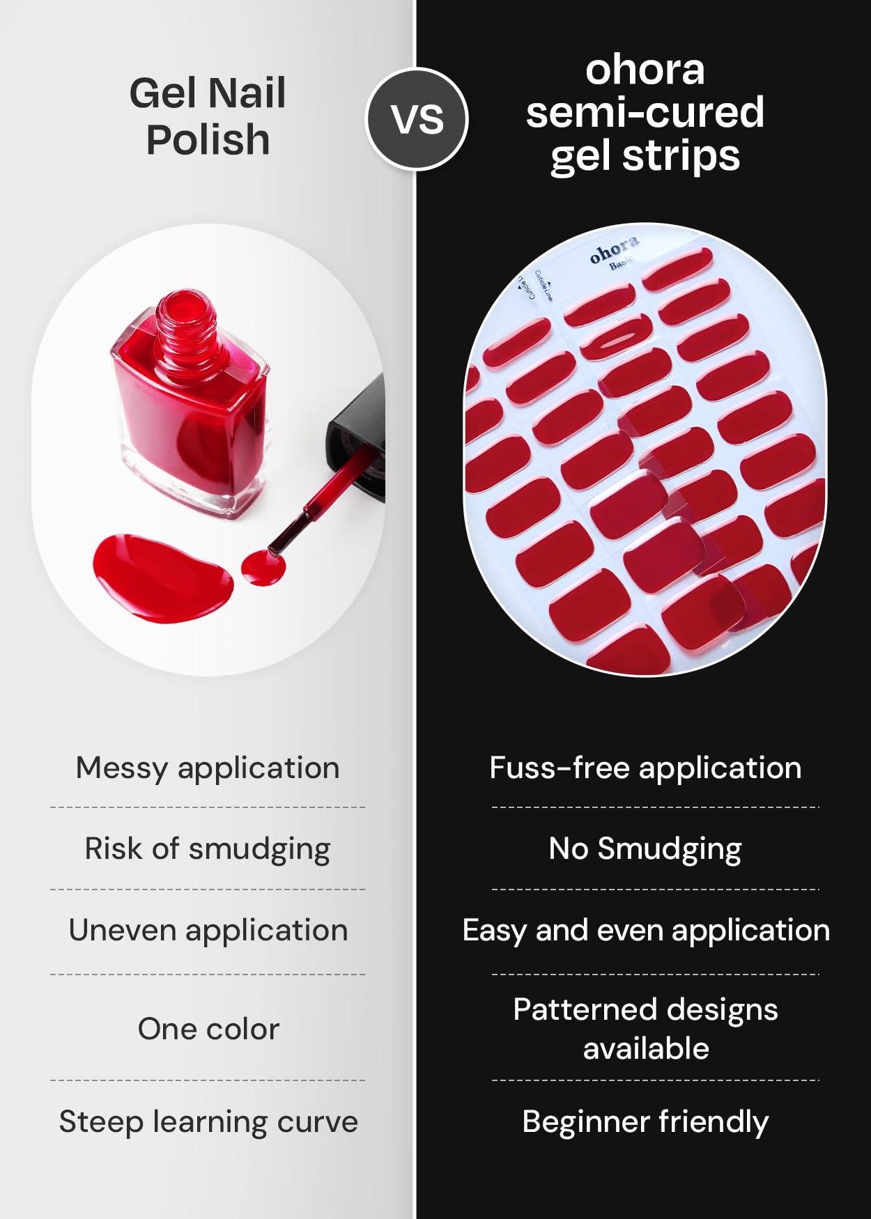 ohora ohora Semi Cured Gel Nail Strips (N Chilly) - Red, Solid, Works with Any UV/LED Lamps, Salon-Quality, Long Lasting, Easy to Apply & Remove - Includes 2 Prep Pads, Nail File & Wooden Stick