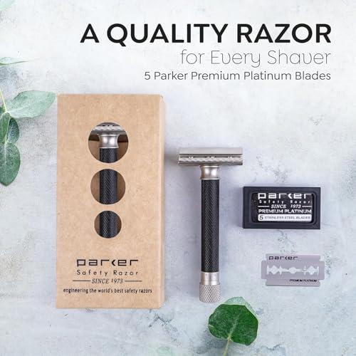 Parker Safety Razor The Parker Variant Adjustable Double Edge Safety Razor, Customize your Shave with a Turn of the Dial from Mild to Aggressive - 5 Blades Included (GRAPHITE GRAY)