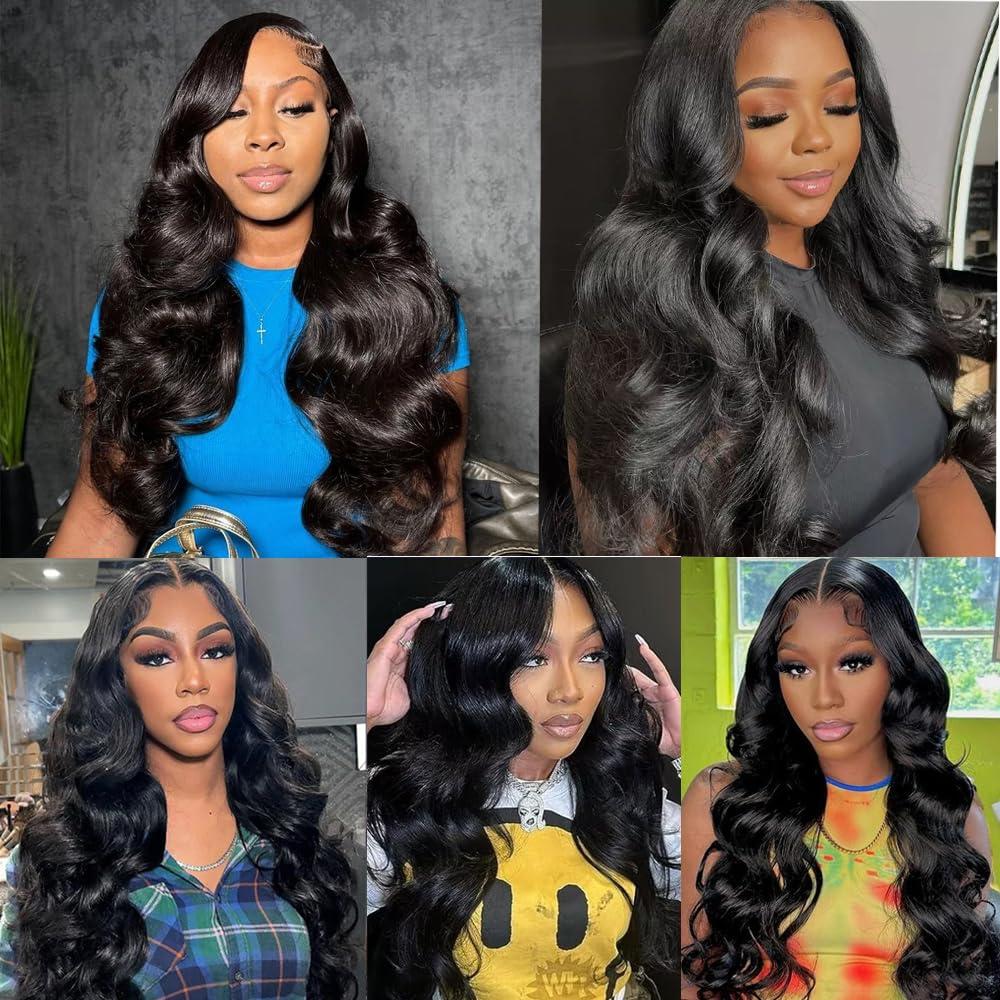 Wlily Wear and Go Glueless Wigs Human Hair Pre Plucked Pre Cut 13x4 Body Wave HD Lace Front Wigs Human Hair 180 Density Lace Frontal Wigs Ready to Wear Glueless Wigs Human Hair Natural Black 28 Inch