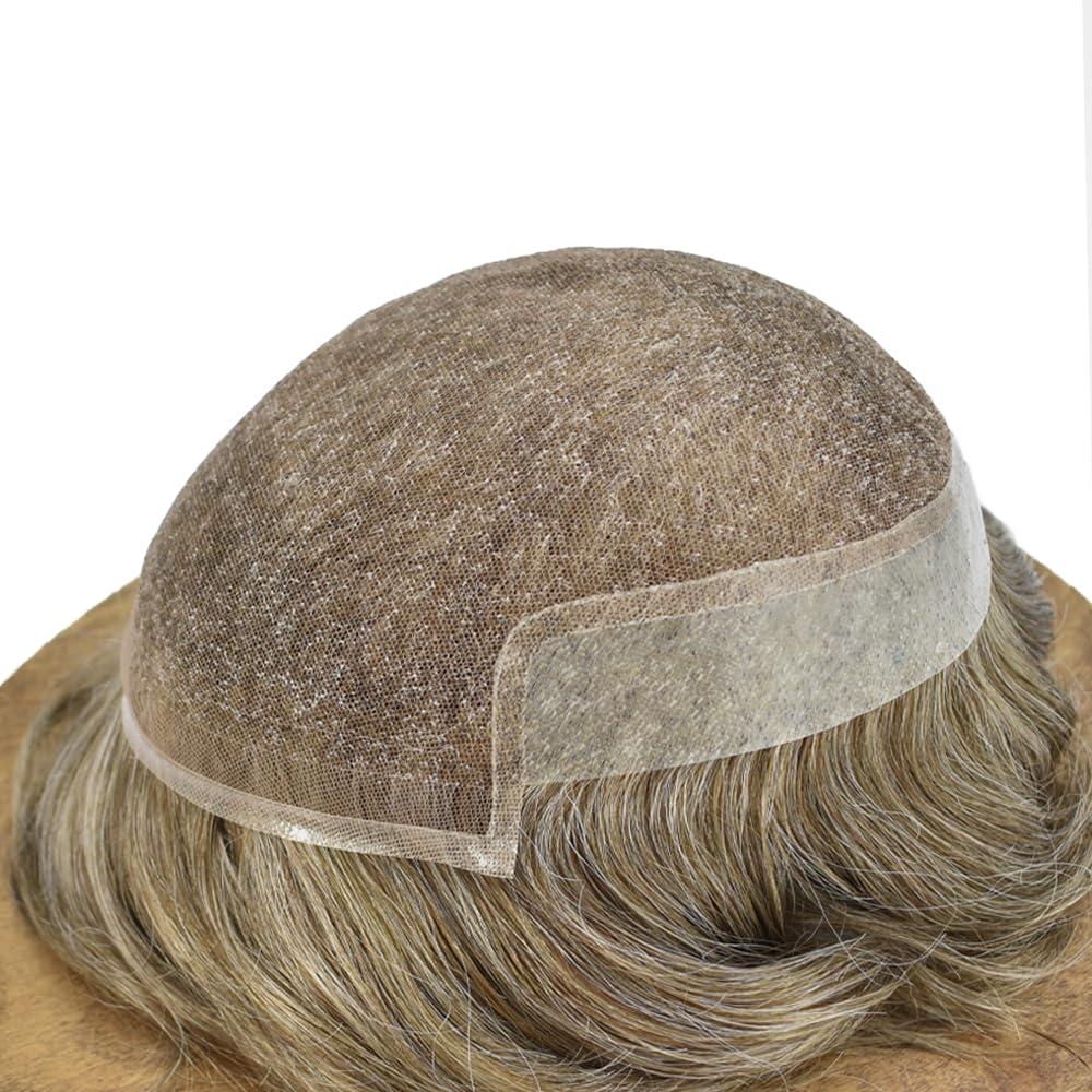 Hair Wonders Hair Wonders Hair System For Men Swiss Lace Men Toupee Hair Piece For Men Lace Front Toupee For Men Real Human Hair Mens Hair Replacement System 7x9-90% light density#740 7# VERY LIGHT BROWN+40% GREY