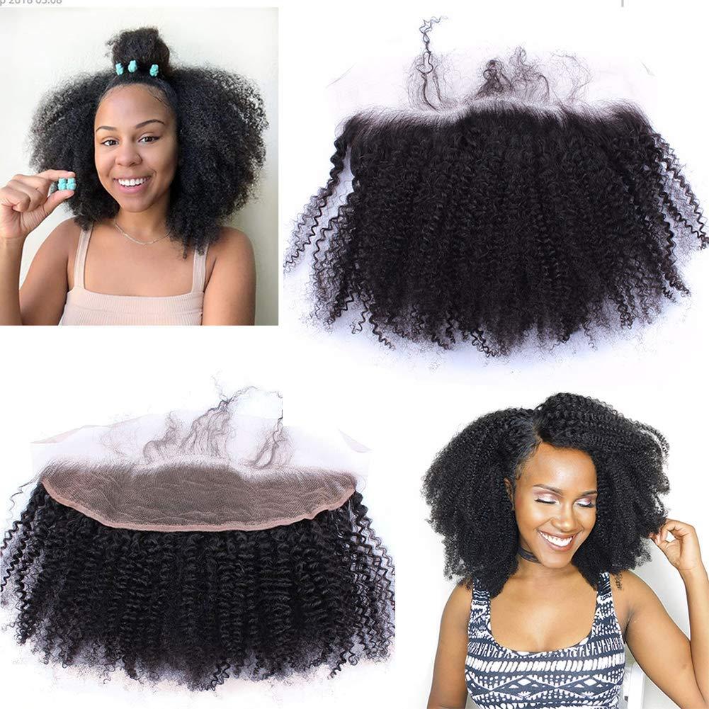 beauty youth Afro Kinky Curly 13X4 Lace Frontal Closure Ear To Ear Free Part Unprocessed Mongolian Human Hair Top Full Lace Frontal Closure Piece With Baby Hair Natural Color 8"inch