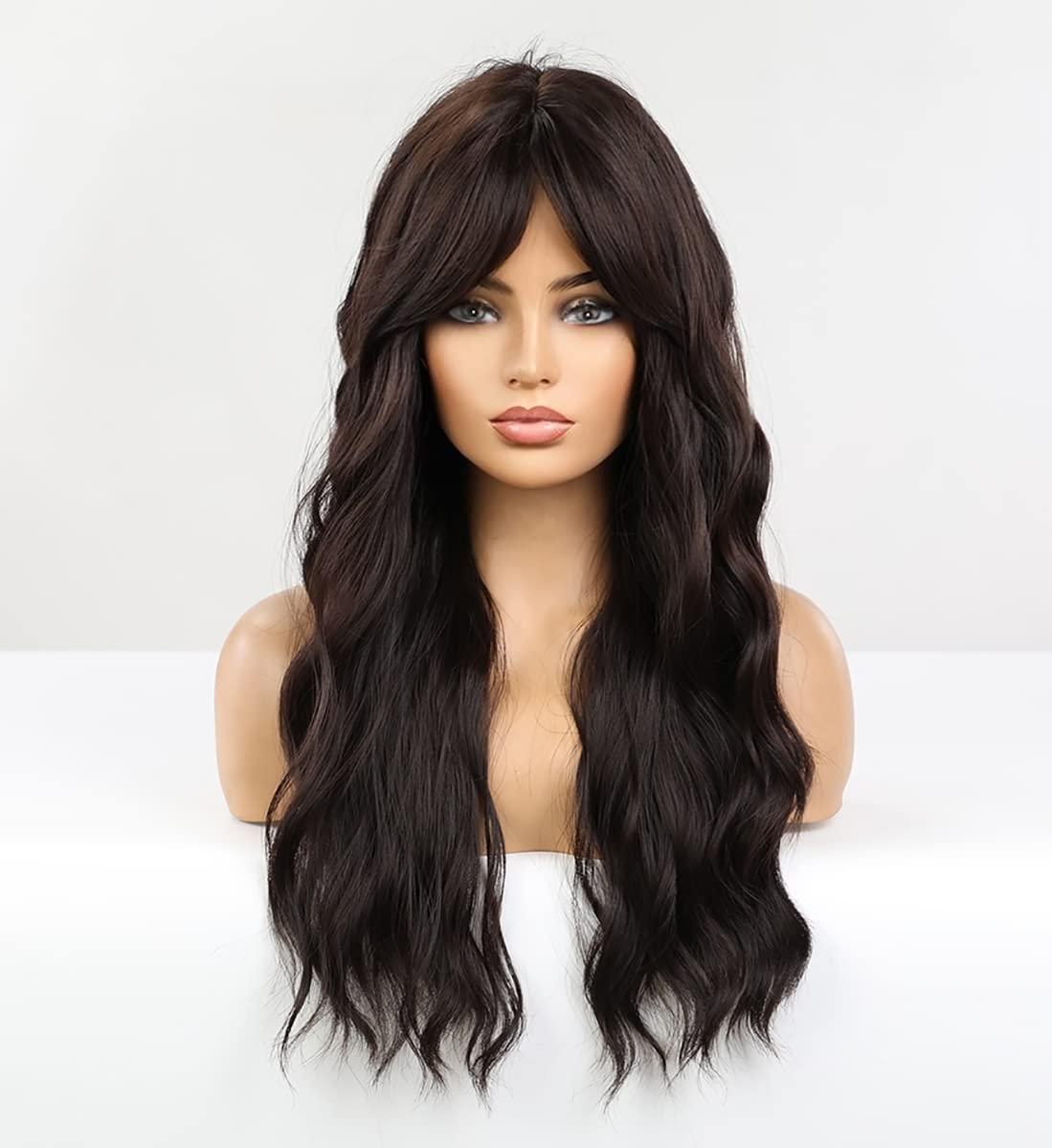 LANOVA LANOVA Dark Brown Wig with Side Bangs Synthetic Wigs for Women Chocolate Brown Long Curly Wig with Bangs 22 inch LANOVA-209