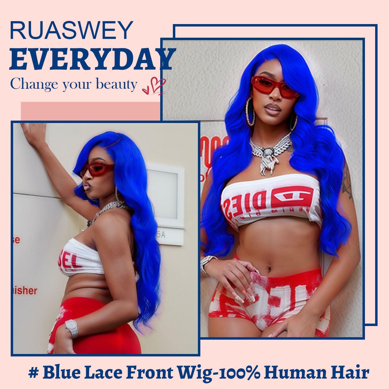 Ruaswey Ruaswey Blue Lace Front Wig Human Hair Pre Plucked 13x4 Blue Body Wave Human Hair Wig 200 Density Blue Wig Human Hair Blue Human Hair Wig Colored HD Frontal Wigs Human Hair 24 Inch Blue Lace Front Wig