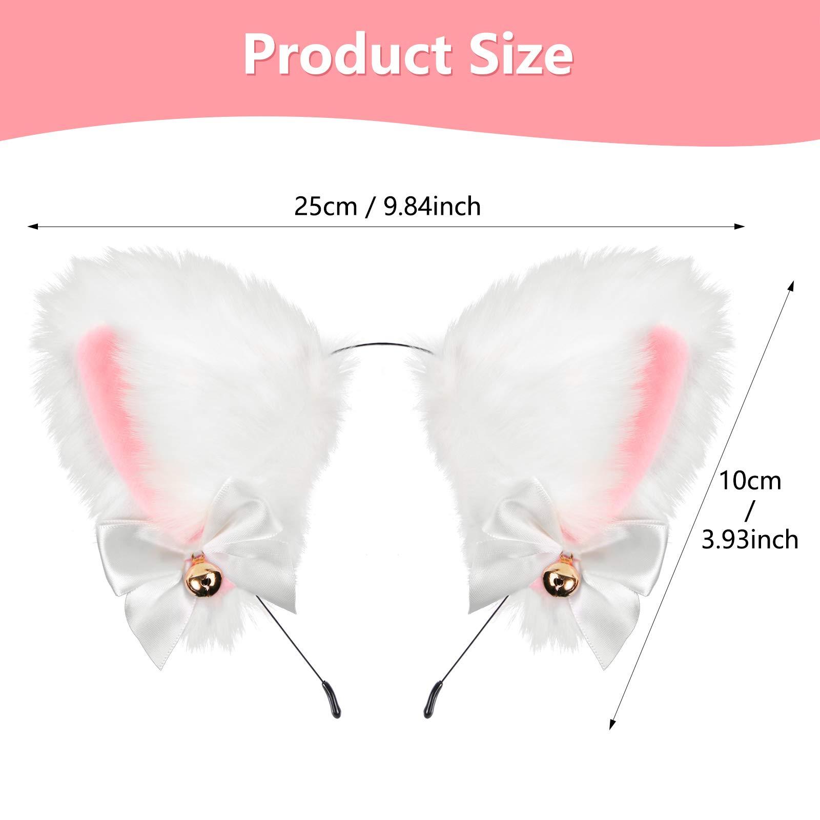 EVERMARKET Faux Furry Anime Faux Fur Fox Ear Headband with Bells, Plush Neko Cosplay Accessory for Halloween Costume Party Fancy Dress (White-Pink)