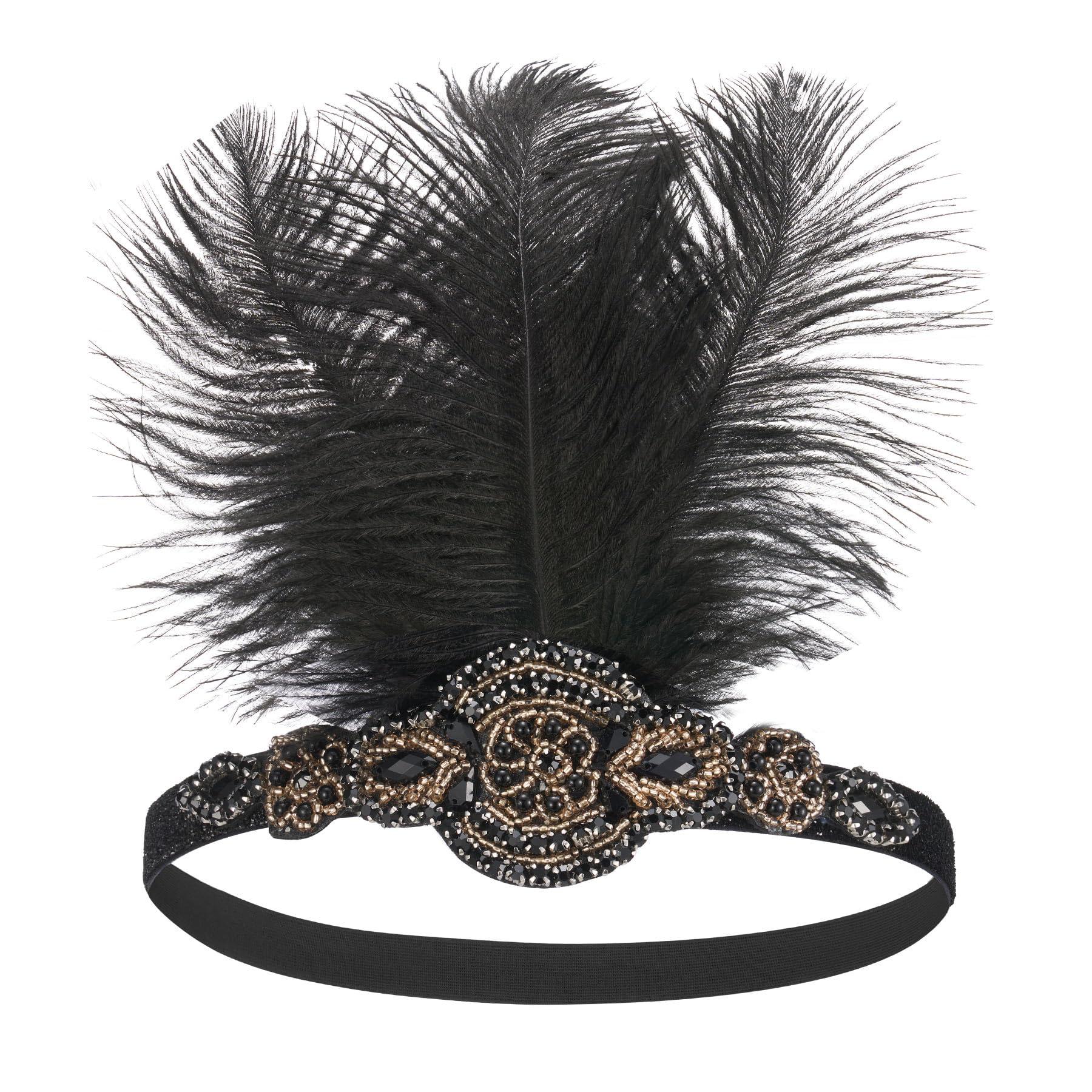SWEETV SWEETV 1920s Headpiece Flapper Headband, Feather Rhinestone Roaring 20s Great Gatsby Hair Accessories for Women,Gold