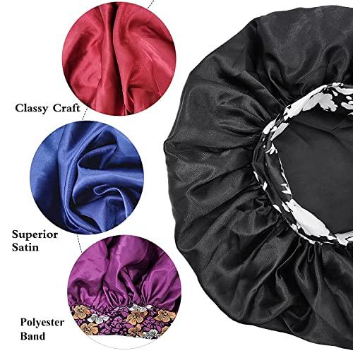 COSBAY 2PCS Satin Bonnets for Women,Soft Wide Elastic Band Silk Bonnet,Satin Silk Single Layer Large Satin Bonnet,Sleep Cap for Curly Hair,Satin Cap for Natural Braids Hair(Black+Purple)