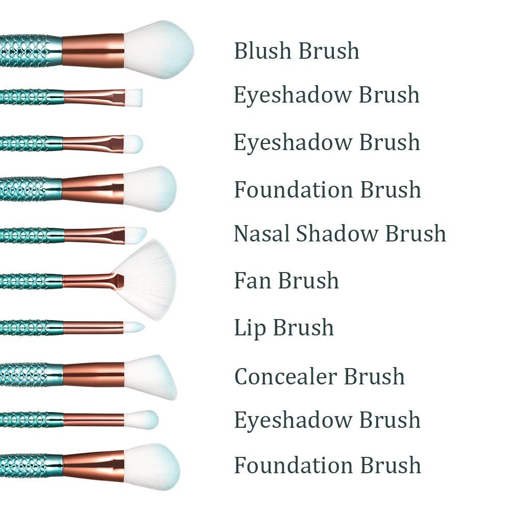 boniss Boniss Mermaid Makeup Brushes set Synthetic Fiber Hair 10Pcs Makeup Brush Kit with Bag Foundation Powder Eyeshadow Eyeliner Blending Blush Lip Concealer Fan Brush Face Cosmetic Tools (Purple blue)