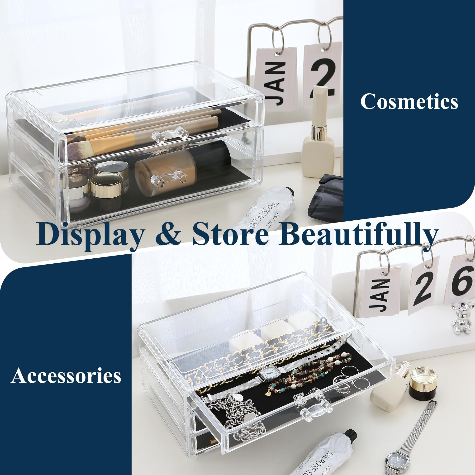 Sea Team Sea Team Clear Makeup Organizer with Drawers, Acrylic Plastic Cosmetic Display Case, Jewelry Storage Box, Holder for Dresser, Bathroom, Vanity, Countertop (1 Large, 2 Small Drawers)