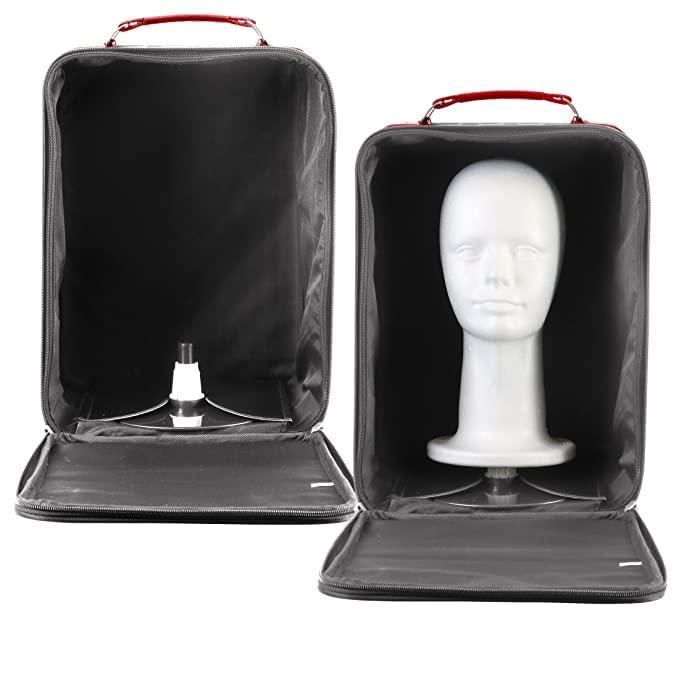 Adolfo Design Adolfo Design Medium Wig Travel Box with Top Handle, Shoulder Strap & Double Zipper, Carrying Case with Removable Head-Holding Base - Gray & Maroon