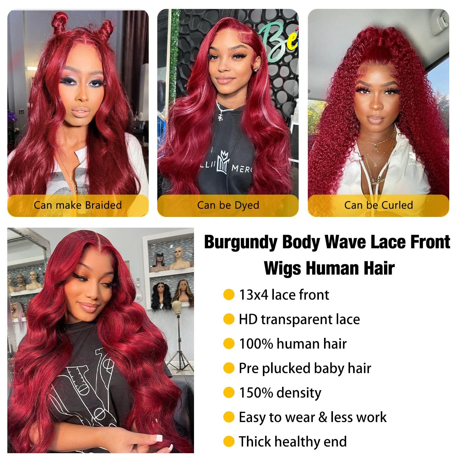 Rruaneal Rruaneal 13x4 99J Burgundy Lace Front Wigs Human Hair Pre Plucked 26Inch Burgundy Body Wave Lace Front Wigs Human Hair 180% Density Red Lace Front Wigs Human Hair