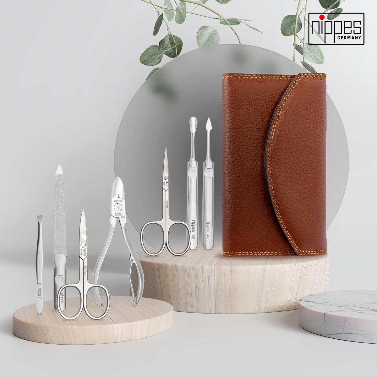 Nippes Nippes Solingen Manicure Set, 7-Piece, Stainless Steel, Nickel-Free, Genuine Brown Cowhide Leather Case Made In Solingen Germany
