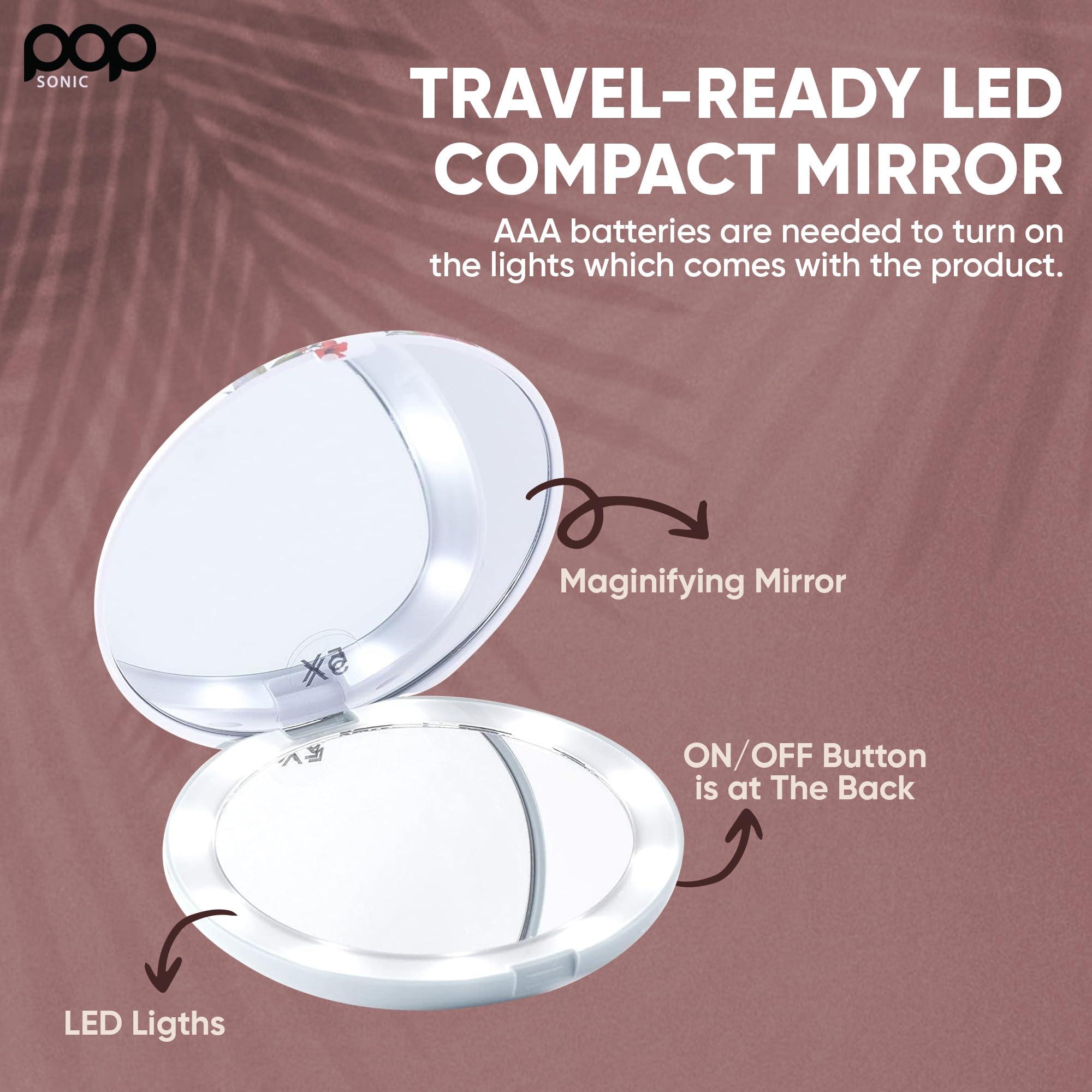 Pop Sonic LED Compact Mirror - White Floral | Portable Makeup Mirror - 5" Foldable - 1X & 5X Lighted Magnifying Mirror