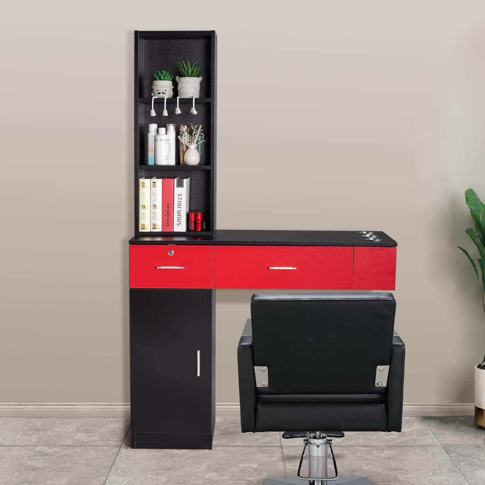 OmySalon OmySalon Wall Mount Barber Stations, Salon Stations for Hair Stylist, Hair Styling Equipement Set with a Storage Cabinet, 2 Drawers and a 3 Tier Shelf (Black&Red)