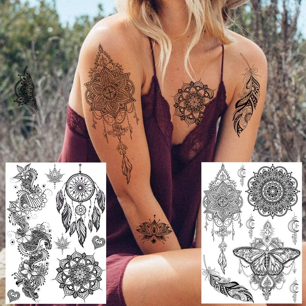 FANRUI 6 Sheets FANRUI Black Henna Temporary Tattoos For Women Lace Mehndi Mandala Flower Tatoos Ink Large Waterproof Lotus Fake Jewelry Pendant Butterfly Tattoo Stickers Kit Wedding Dreamcatcher Feather