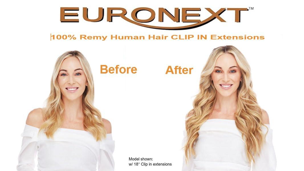 Euronext VALENTINE DAY SALE COUPON-EURONEXT Clip in hair extensions, 100% Remy human hair, 14 inches, Straight, Curly, Dark Blonde Frost